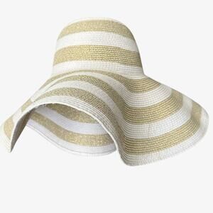 Wide Brim Gold Stripe Floppy Sun Hat, Size L 58cm/ 23in, Gold/ Cream